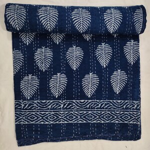 Indigo Leaf Handmade Block Print Kantha Quilt – Handmade Cotton Throw Blanket – Indian Reversible Bedspread – Boho Bedding