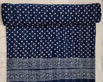 Handmade Indigo Dot Block Print Kantha Quilt, Cotton Bedspread, Boho Blanket, Blue Hand-Stitched Bedding Throw from Jaipur