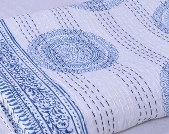 Kantha Quilt Queen blu Blu indaco stampato a mano indiano copriletto trapuntato kantha Copriletto indiano con stampa blu e bianco Kantha in cotone