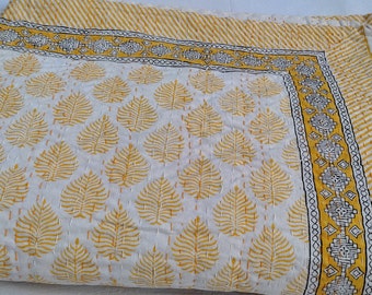 Indian Hand Block Kantha Quilt Yellow Leaf – Handmade Cotton Bedspread, Reversible Lightweight Blanket