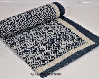 Kantha Quilt Blue Square Kantha Quilt Indian Blue Bedspread Queen Size Square Indian print bedspreads lightweight blanket quilt blanket twin