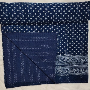 Indigo Blue Block Print Kantha Quilt: Lightweight Cotton Boho Bedspread