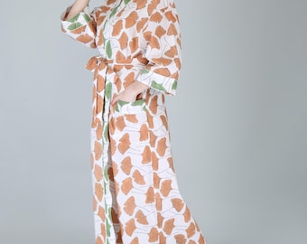 Cotton Kimono Robe – Dual-Tone Leaf Print, Boho Bathrobe with Pockets & Belt