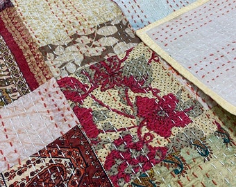 Vintage Patchwork Quilt Indian Kantha Blanket – Multi Floral Cotton Bedspread, Recycled Saree Blanket, Handmade Boho