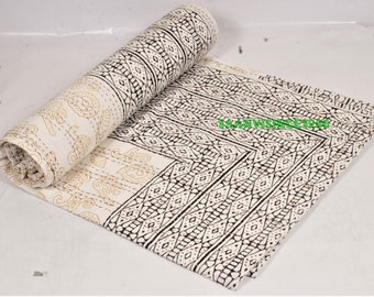 Black Tribal Block Print Kantha Quilt Handmade Cotton Bedspread | Boho Geometric Throw Blanket