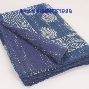 indian block print Indigo Kantha Quilt | Blue Leaf Pure Cotton Bedspread | Hand Stitched Lightweight Blanket | Boho Home Decor Throw