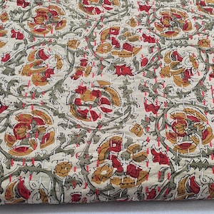 Beige Floral Handmade Indian Block Print Kantha Quilt – Handmade Indian Cotton Blanket – Vintage-Style Throw Bedspread Boho Bedding Coverlet