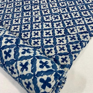 Blue White Geometric Kantha Quilt: Hand Block Print Cotton Bedspread