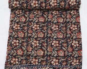 Black Floral Bedspread Indian Kantha Quilt Handmade Cotton Red Beige Block Print, Lightweight Hand Stitched Boho Bedding