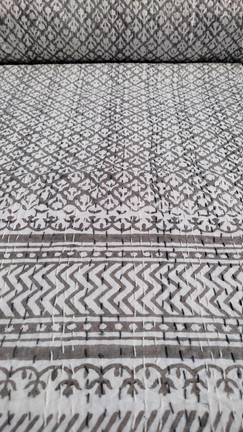 Grey Indian Kantha Quilt Handblock Print Grey Quilt Grey and Etsy