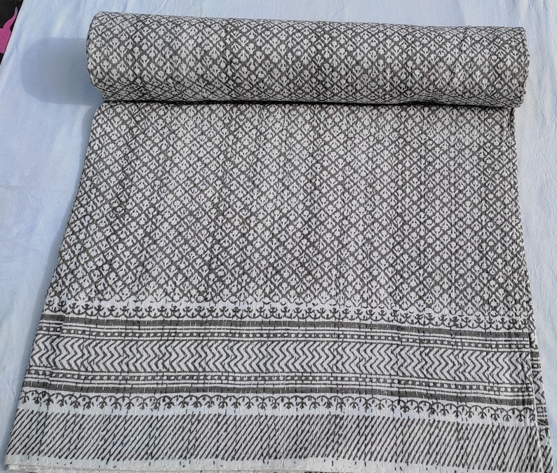 Grey Indian Kantha Quilt Handblock Print Grey Quilt Grey and Etsy