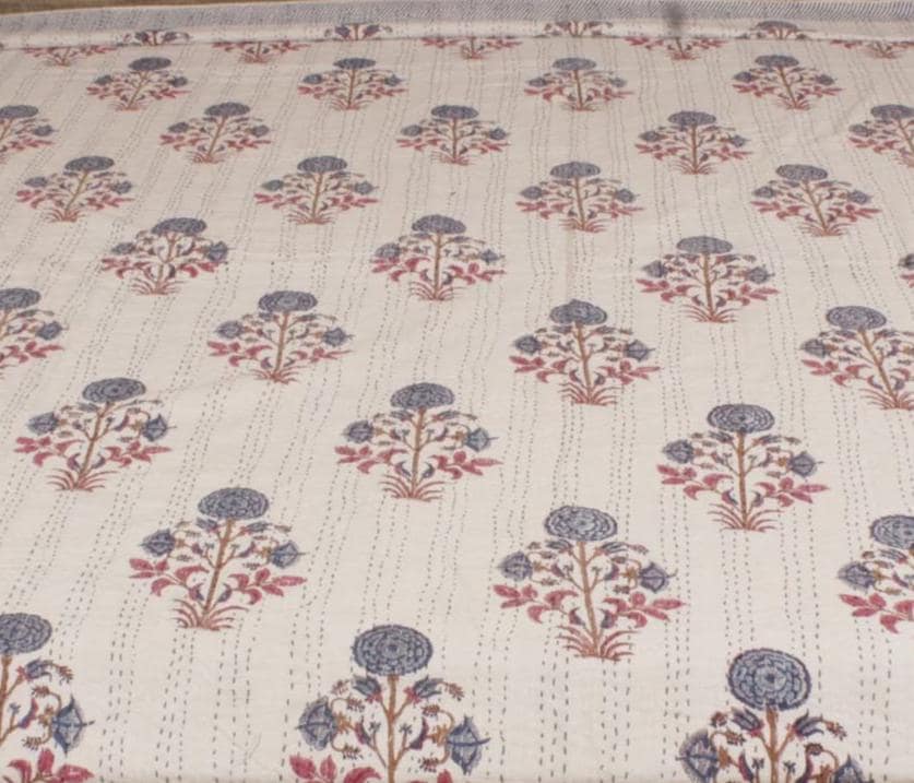 Blue & Red Floral Block Print Indian Kantha Quilt – Handmade