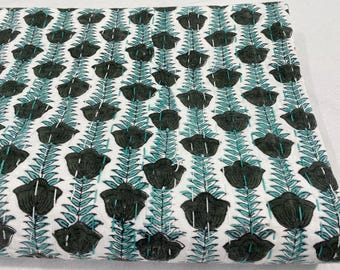 Green Floral Kantha Quilt Handmade Cotton Bedspread Block Print Blanket Botanical Indian Bedding Boho Twin Queen King