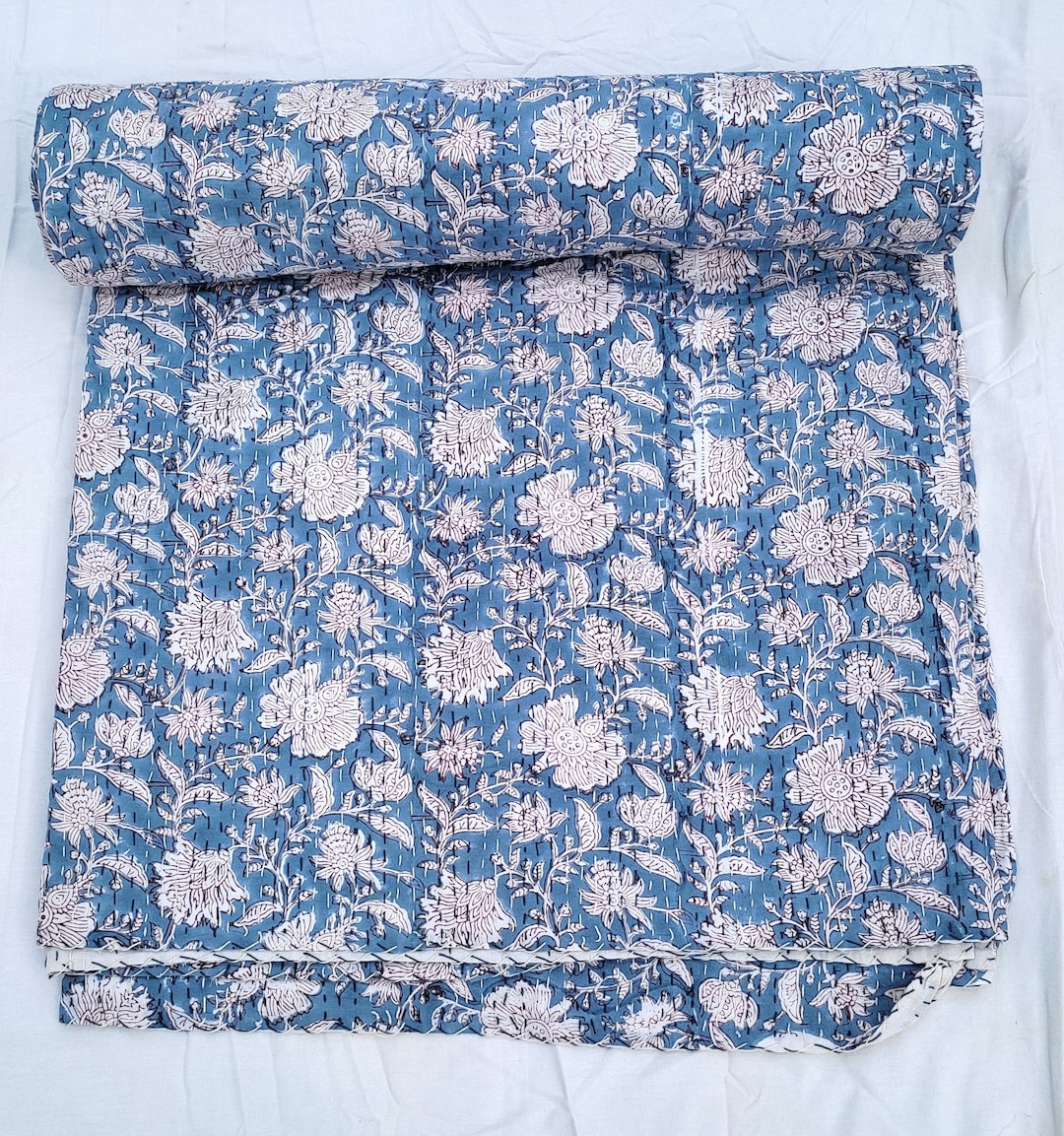 Cotton Bedspread Blue Floral Block Print Indian Kantha Quilt – Handmade ...
