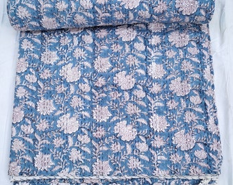 Blue Floral Block Print Kantha Quilt Handmade Cotton Bedspread Vintage Botanical Bedding