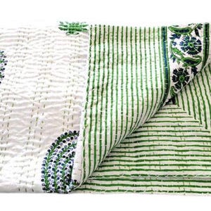 Green and Blue Floral Kantha Quilt - Boho Chic Bedding Throw Blanket Green Striped Floral Kantha Quilt - Handcrafted Bohemian Bedspread