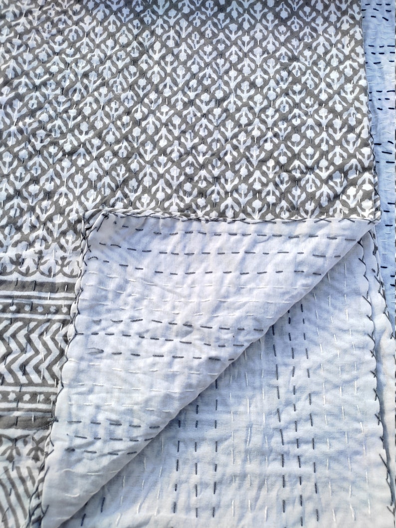 Indian Grey Kantha Quilt Handblock Print Gray Quilt Gray Etsy