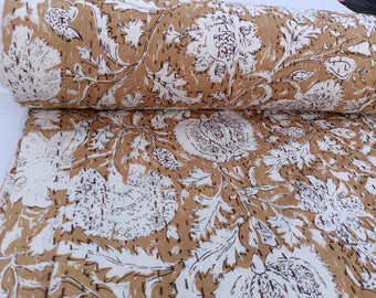 Mustard Floral Kantha Quilt, Handmade Cotton Block Print Blanket, Boho Indian Bedspread, Reversible Throw Quilt