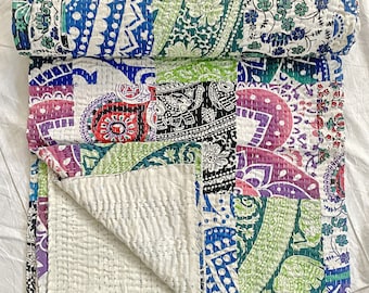 Vintage Patchwork Kantha Quilt Handmade Cotton Bedspread Colorful Boho Bedding Reversible Indian Patchwork Blanket