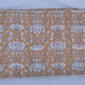 Beige White Indian Kantha Quilt, Handmade Cotton Bedspread, Block Print Floral Blanket, Reversible Indian Quilt Throw, Neutral Boho Bedding