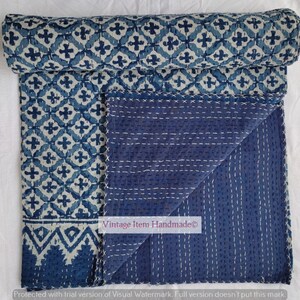 Kantha quilt throw kantha blue indigo Indian hand block print kantha quilt bedspread Indian print winter bedspread Blue kantha quilt Blanket