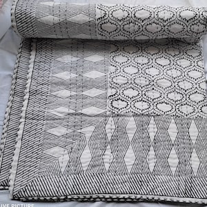 Black and White Kantha Quilt: Geometric Throw Blanket, Handmade Cotton
