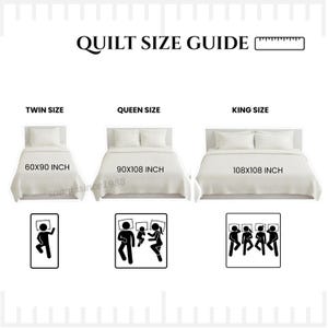 May include: A white quilt size guide with text for Twin, Queen, and King sizes. Each size is displayed with a bed and measurements in inches: 60x90, 90x108, and 108x108. Illustrations show the number of people for each size.