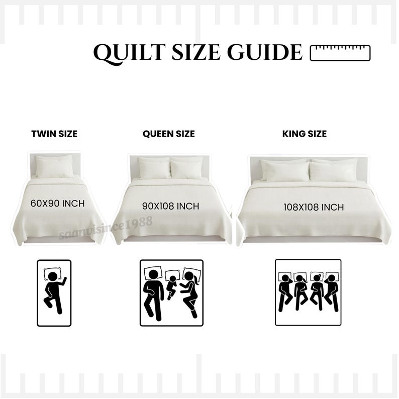 May include: A white quilt size guide with text for Twin, Queen, and King sizes. Each size is displayed with a bed and measurements in inches: 60x90, 90x108, and 108x108. Illustrations show the number of people for each size.
