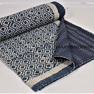 Handmade Indigo Kantha Quilt: Block Print Cotton Bedspread
