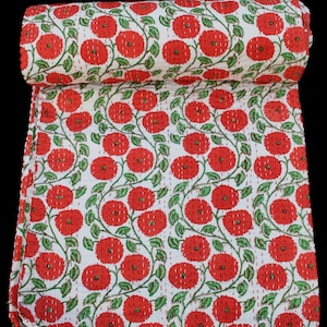 Orange Floral Kantha Quilt, Handmade Block Print Cotton Bedspread, Indian Boho Bedding, Jaipur Artisan Quilt