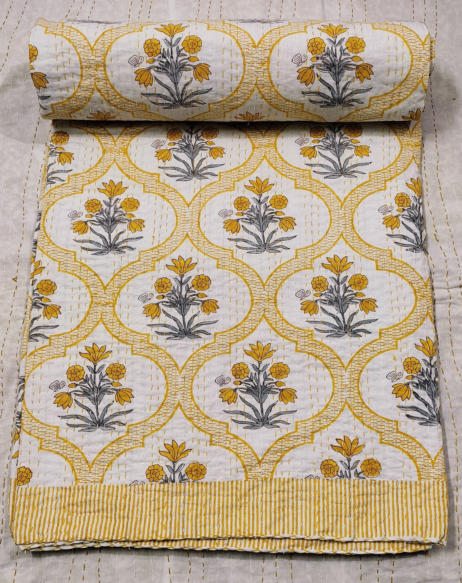 Yellow Floral Quilted Bedspread Indian Floral Kantha Country Etsy