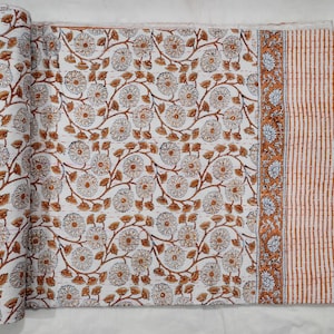 Orange Floral Indian Handmade Hand Print Kantha Quilt Handmade Cotton Block Print Blanket, White Bedding Throw, Indian Lightweight Bedspread