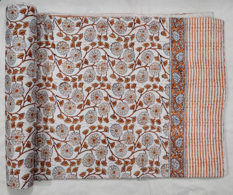 Indian Kantha Quilt Orange Kantha Quilt Indian Hand Block Etsy
