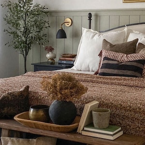Braune Indische Kantha Decke mit Blockprint Handgemachte Kantha Decke, Braune Boho Decke mit Blockprint