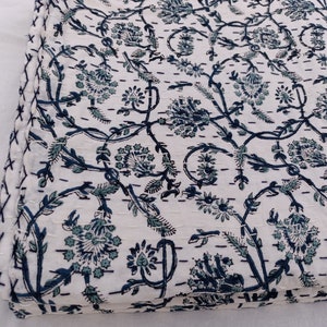 Blue Floral Kantha Quilt: Handmade Indian Block Print Cotton Bedspread