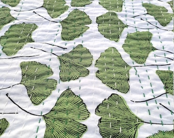 Green Colour Block Print Indian Kantha Quilt – Handmade Cotton Bedspread, Lightweight Summer Quilt, Soft Botanical Bedding