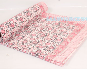 Pink Floral Kantha Quilt, Handmade Cotton Bedspread, Indian Block Print Blanket, Reversible Boho Throw Bedding