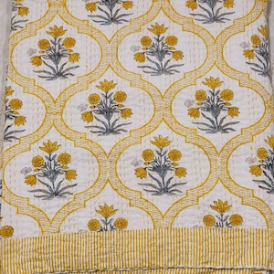 Yellow Floral Kantha Quilt: Handmade Cotton Bohemian Blanket