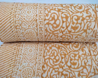 Mustard Yellow Block Print Kantha Quilt Handmade Cotton Bedspread | Boho Floral Throw Blanket