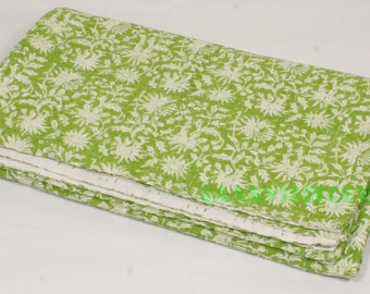 Green Floral Block Print Kantha Quilt Handmade Cotton Bedspread Indian Botanical Quilt Cottage Boho Bedding