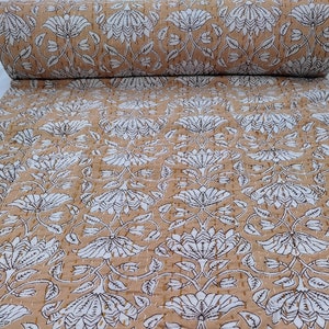 Beige Brown Indian Handmade Block Print Kantha Quilt – Floral Block Print Cotton Blanket – Handmade Indian Throw Bedspread for Rustic Decor