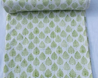 Green Leaf Kantha Quilt, Handmade Cotton Bedspread, Indian Block Print Blanket, Reversible Boho Bedding Throw, Lightweight Summer Quilt