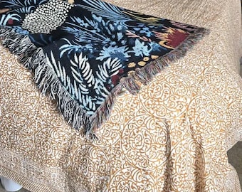 Mustard Yellow Kantha Quilt Handmade Cotton Bedspread Floral Scroll Block Print Bedding Boho Cottagecore Blanket
