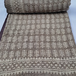 Handmade Indian Kantha Quilt: Brown Block Print Cotton Bedspread