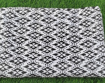 Handblock Throw Blanket Kantha Quilt – Black White Geometric Indian Block Print Cotton Blanket – Lightweight Stitched Throw