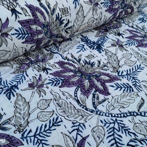 Handmade Floral Kantha Quilt: Grey & Purple Botanical Cotton Blanket