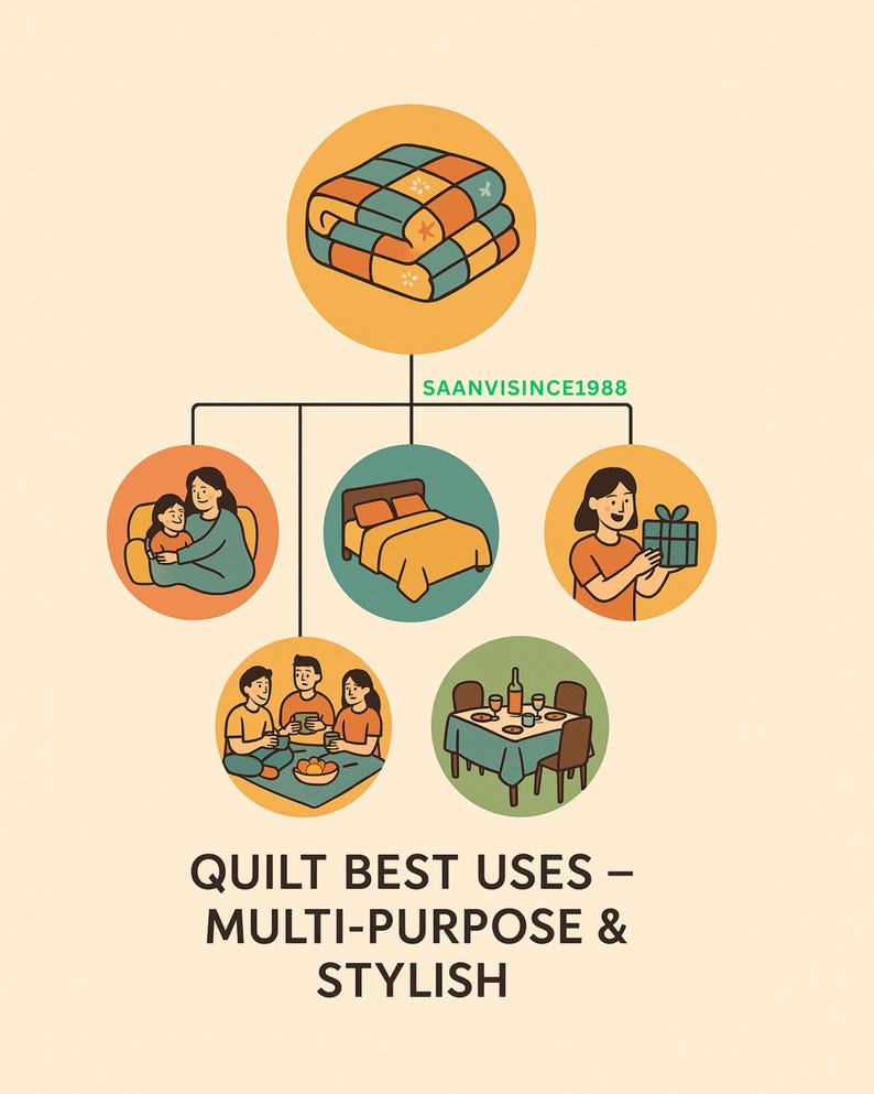 May include: An illustration showcasing a quilt's versatility. The image features a folded quilt in shades of blue, orange, and green. It highlights various uses: snuggling, bedding, gifting, picnics, and dining. Text reads "QUILT BEST USES - MULTI-PURPOSE & STYLISH."