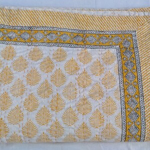 Yellow Leaf Print Kantha Quilt: Hand Block Printed Boho Bedding