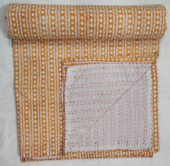 Mustard Geometric Kantha Quilt, Handmade Cotton Block Print Bedspread, Boho Throw Blanket, Indian Reversible Quilt
