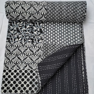 Black White Patchwork Indian Handmade Kantha Quilt – Modern Block Print Throw Blanket, Handmade Cotton Quilt for Boho, Minimalist Home Decor